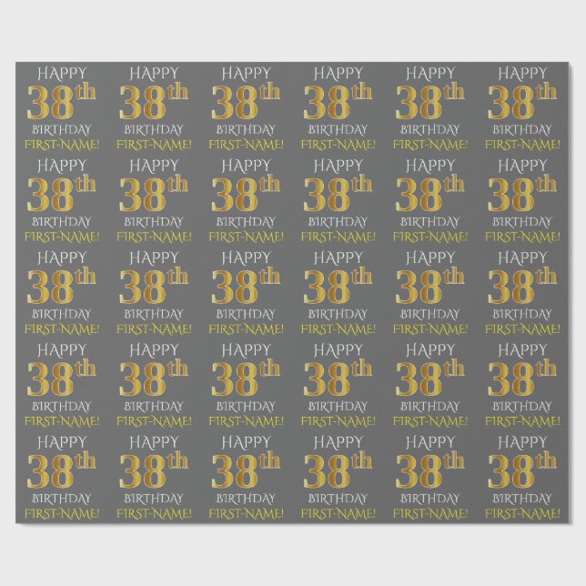Grey, Faux Gold "HAPPY 38th BIRTHDAY" Wrapping Paper (Flat)