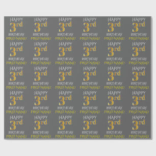 Grey, Faux Gold "HAPPY 3rd BIRTHDAY" Wrapping Paper