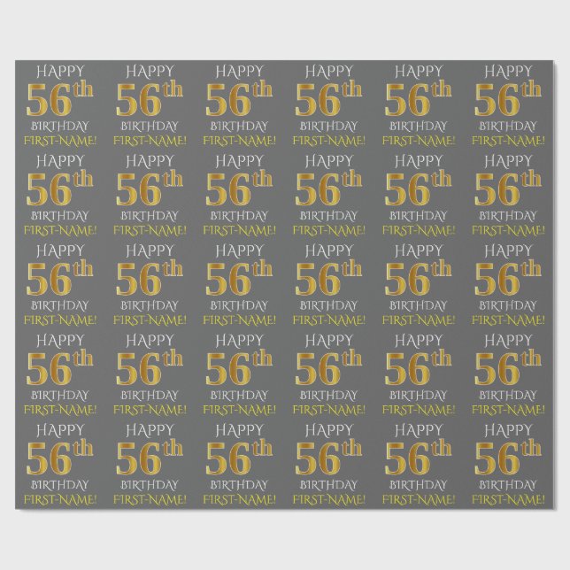 Grey, Faux Gold "HAPPY 56th BIRTHDAY" Wrapping Paper (Flat)