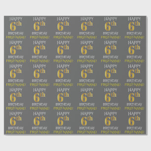 Grey, Faux Gold "HAPPY 6th BIRTHDAY" Wrapping Paper