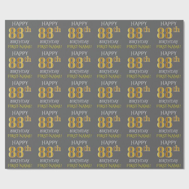 Grey, Faux Gold "HAPPY 88th BIRTHDAY" Wrapping Paper (Flat)