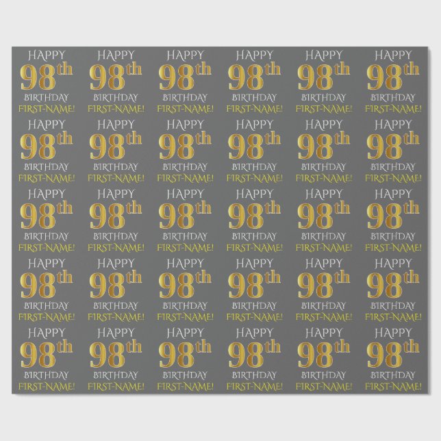 Grey, Faux Gold "HAPPY 98th BIRTHDAY" Wrapping Paper (Flat)