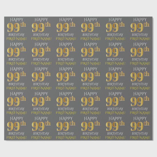 Grey, Faux Gold "HAPPY 99th BIRTHDAY" Wrapping Paper (Flat)