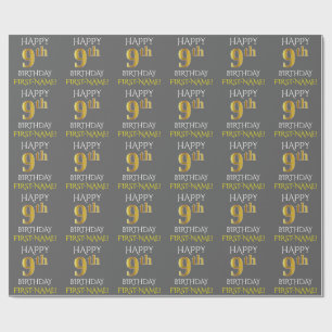 Grey, Faux Gold "HAPPY 9th BIRTHDAY" Wrapping Paper
