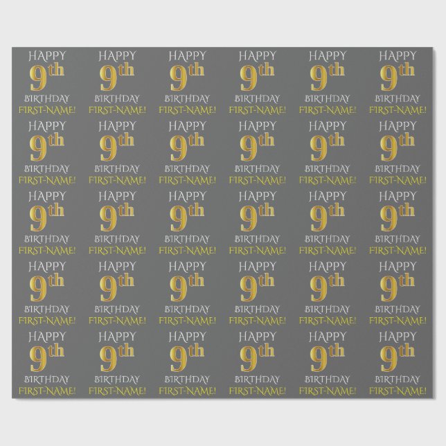 Grey, Faux Gold "HAPPY 9th BIRTHDAY" Wrapping Paper (Flat)
