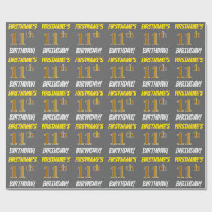 Grey, Faux/Imitation Gold, "11th BIRTHDAY" Wrapping Paper