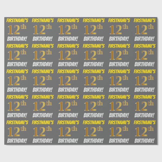 Grey, Faux/Imitation Gold, "12th BIRTHDAY" Wrapping Paper (Flat)