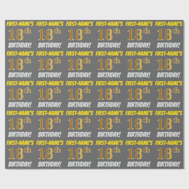 Grey, Faux/Imitation Gold, "18th BIRTHDAY" Wrapping Paper (Flat)