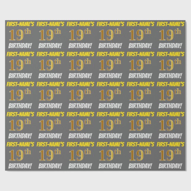 Grey, Faux/Imitation Gold, "19th BIRTHDAY" Wrapping Paper (Flat)