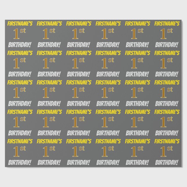 Grey, Faux/Imitation Gold, "1st BIRTHDAY" Wrapping Paper (Flat)