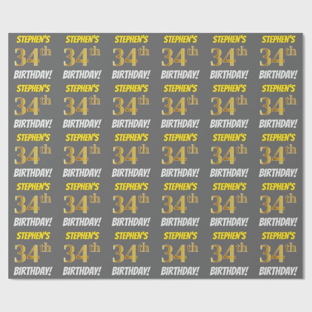 Grey, Faux/Imitation Gold, "34th BIRTHDAY" Wrapping Paper (Flat)