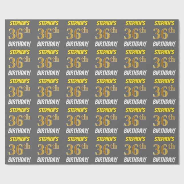 Grey, Faux/Imitation Gold, "36th BIRTHDAY" Wrapping Paper (Flat)