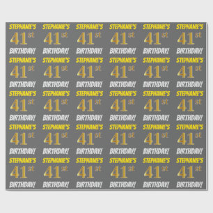 Grey, Faux/Imitation Gold, "41st BIRTHDAY" Wrapping Paper