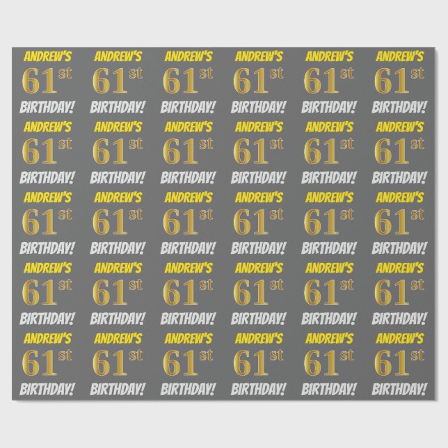 Grey, Faux/Imitation Gold, "61st BIRTHDAY" Wrapping Paper (Flat)