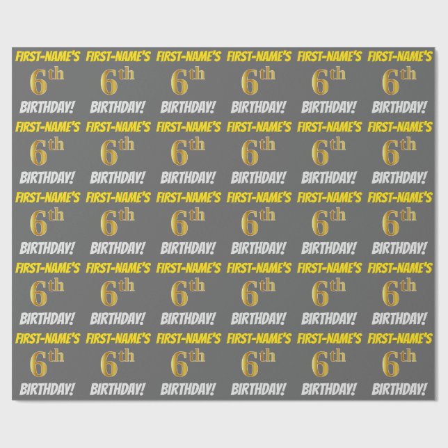 Grey, Faux/Imitation Gold, "6th BIRTHDAY" Wrapping Paper (Flat)