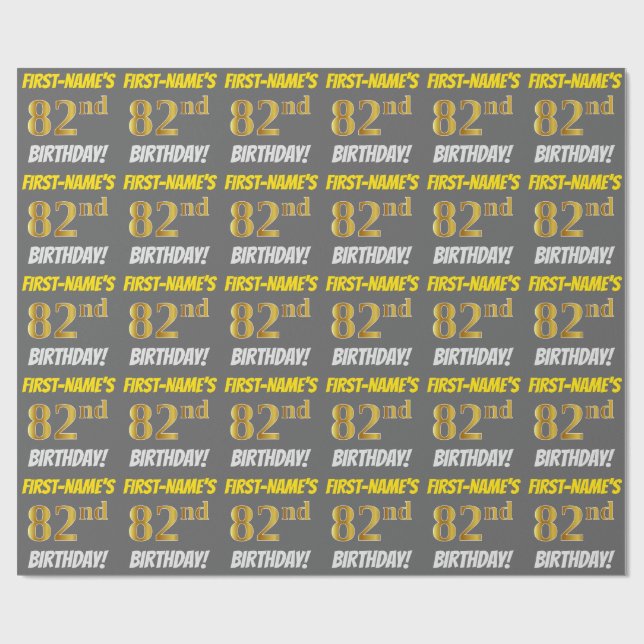 Grey, Faux/Imitation Gold, "82nd BIRTHDAY" Wrapping Paper (Flat)
