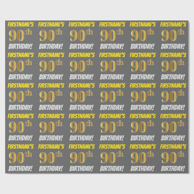 Grey, Faux/Imitation Gold, "90th BIRTHDAY" Wrapping Paper (Flat)