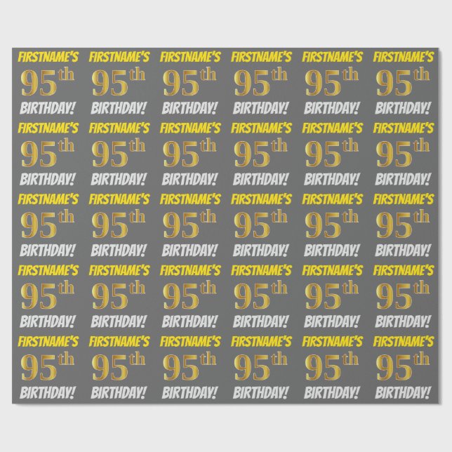 Grey, Faux/Imitation Gold, "95th BIRTHDAY" Wrapping Paper (Flat)