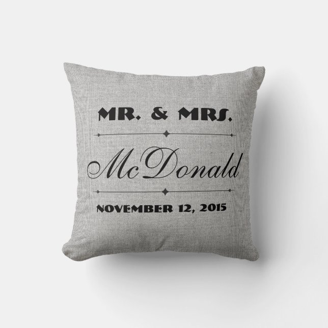 Grey Faux Linen canvas burlap Wedding Pillow (Front)