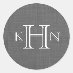 Grey Faux Linen Custom Monogram Round Sticker