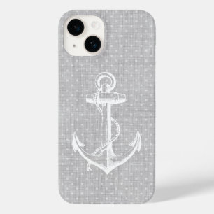 Grey Faux Linen Vintage Anchor Case-Mate iPhone 14 Case