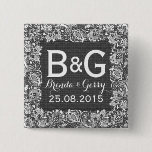 Grey Faux Linen & White Floral Lace Frame 15 Cm Square Badge