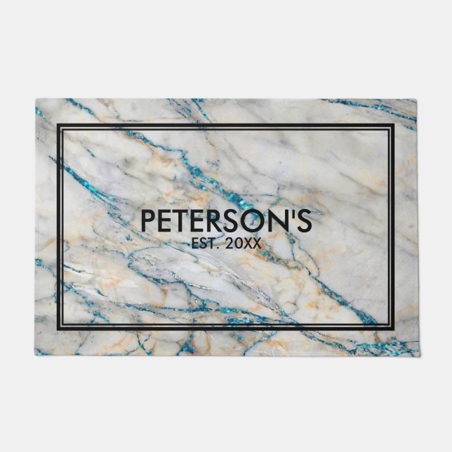 Grey Faux Marble Blue Sparkles Doormat (Front)