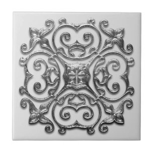 Grey Faux Silver Medallion Vintage Ceramic Tile