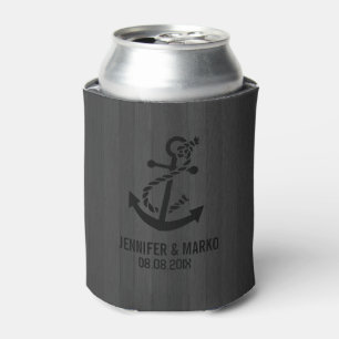 Grey Faux Wood Stripes Nautical Anchor Can Cooler