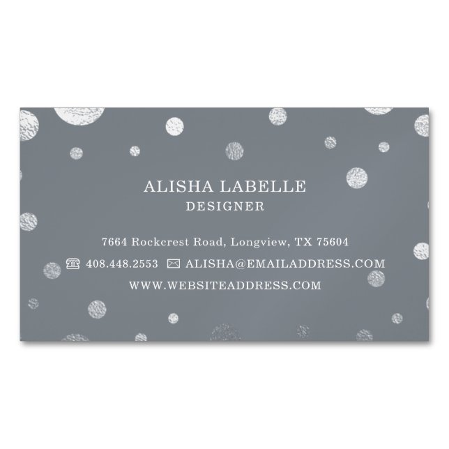 Grey Feminine Chic Silver Confetti Polka Dot Magnetic Business Card (Front)