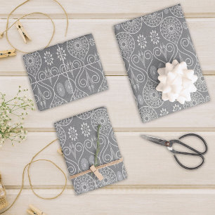Grey fibrous textile octopus seeds patterned wrapping paper sheet