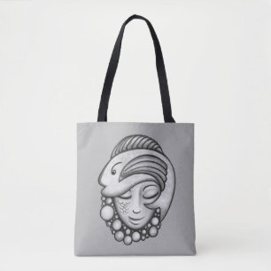 Grey Fish and Mermaid Art Tote Bag