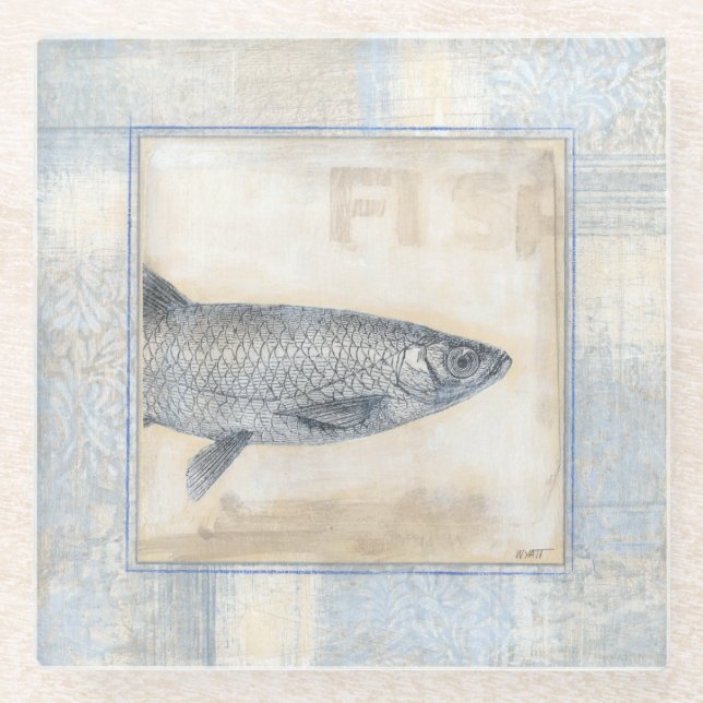 Grey Fish on Beige Background Glass Coaster (Front)