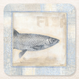 Grey Fish on Beige Background Square Paper Coaster