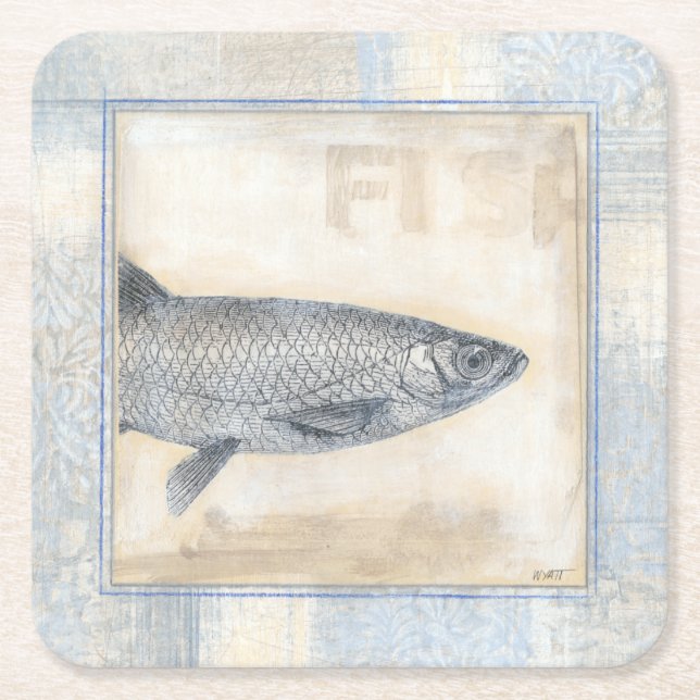 Grey Fish on Beige Background Square Paper Coaster (Front)