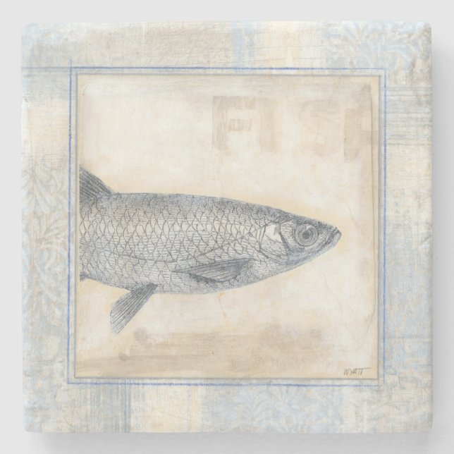 Grey Fish on Beige Background Stone Coaster (Front)