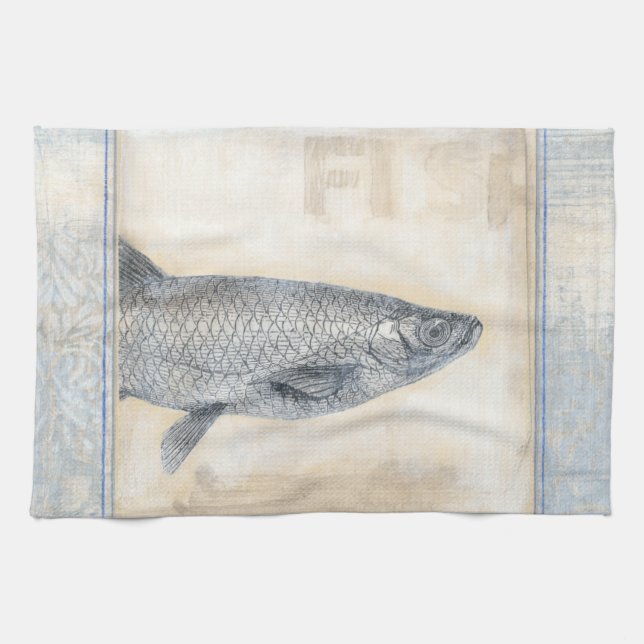 Grey Fish on Beige Background Tea Towel (Horizontal)