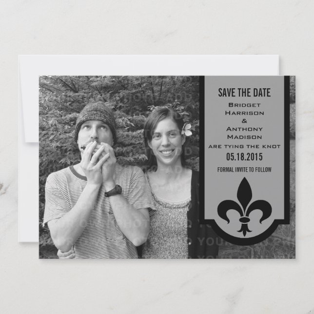 Grey Fleur De Lis Banner Save the Date Invite (Front)
