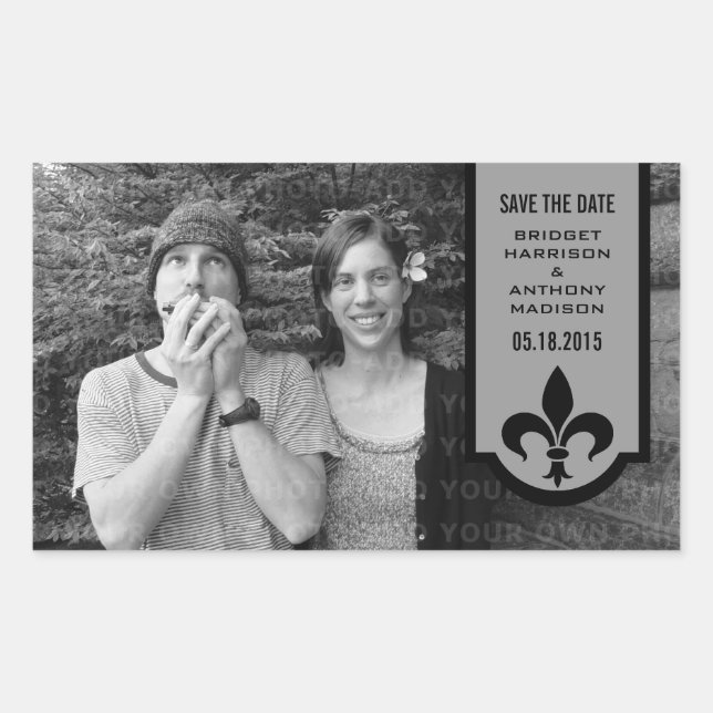 Grey Fleur De Lis Banner Save the Date Stickers (Front)
