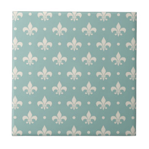 Grey Fleur De Lis pattern on turquoise background Ceramic Tile