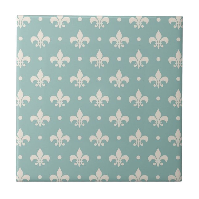 Grey Fleur De Lis pattern on turquoise background Ceramic Tile (Front)