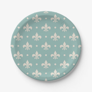Grey Fleur De Lis pattern on turquoise background Paper Plate