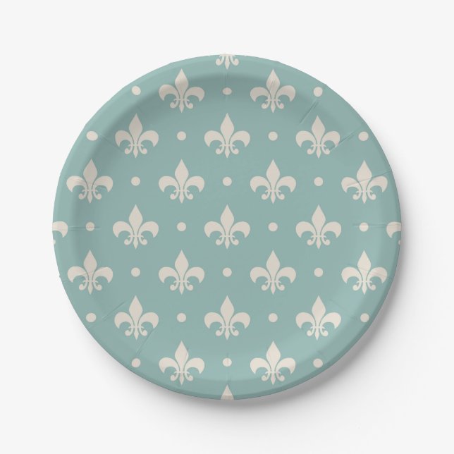 Grey Fleur De Lis pattern on turquoise background Paper Plate (Front)