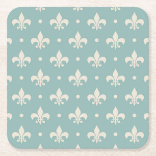 Grey Fleur De Lis pattern on turquoise background Square Paper Coaster