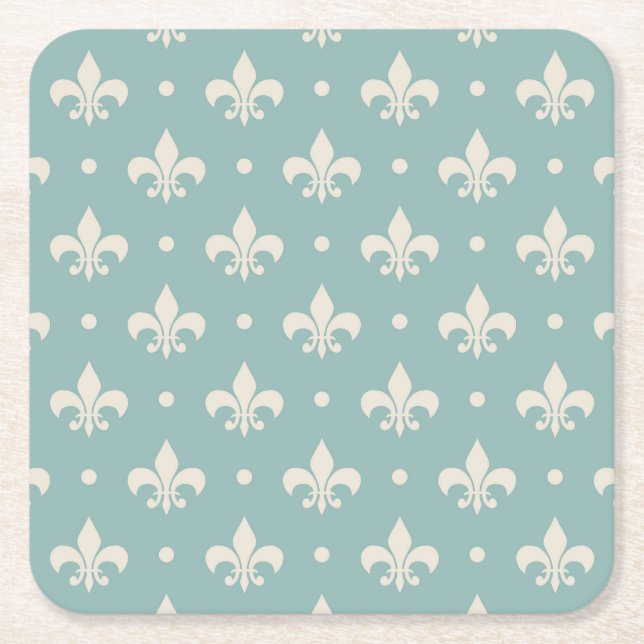Grey Fleur De Lis pattern on turquoise background Square Paper Coaster (Front)
