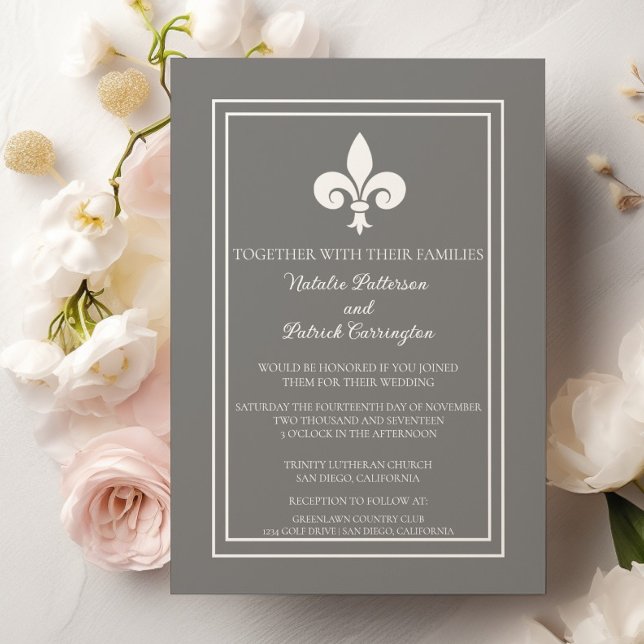 Grey Fleur de Lis Wedding Invitation (Gray Fleur de Lis Wedding Invitation)