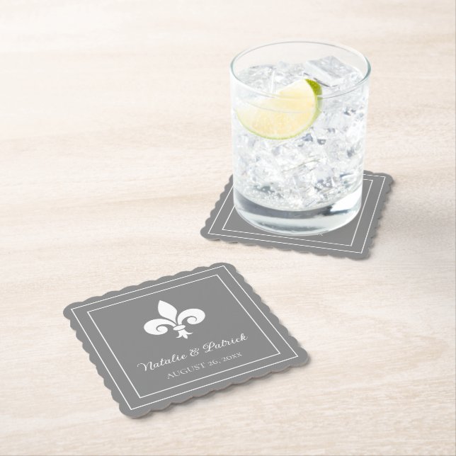 Grey Fleur de Lis Wedding Paper Coasters (Insitu)