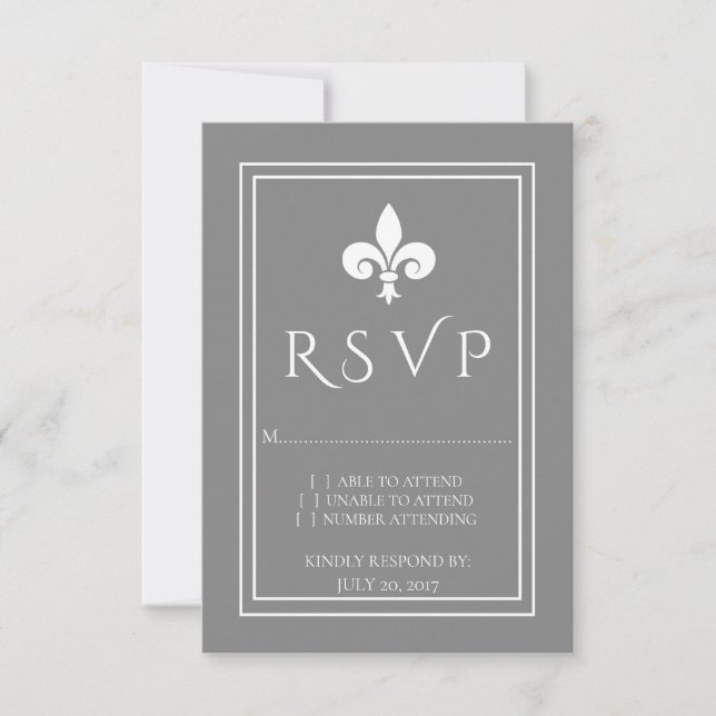 Grey Fleur de Lis Wedding RSVP Card (Front)