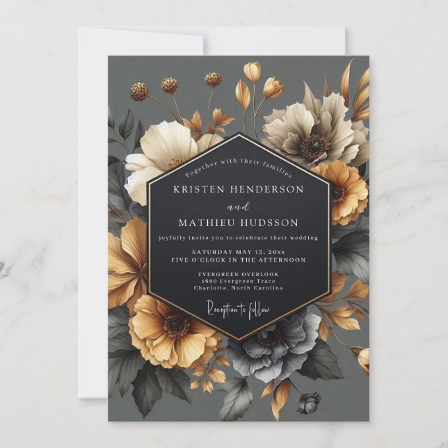 Grey Floral Autumn Romance Wedding Invitation (Front)