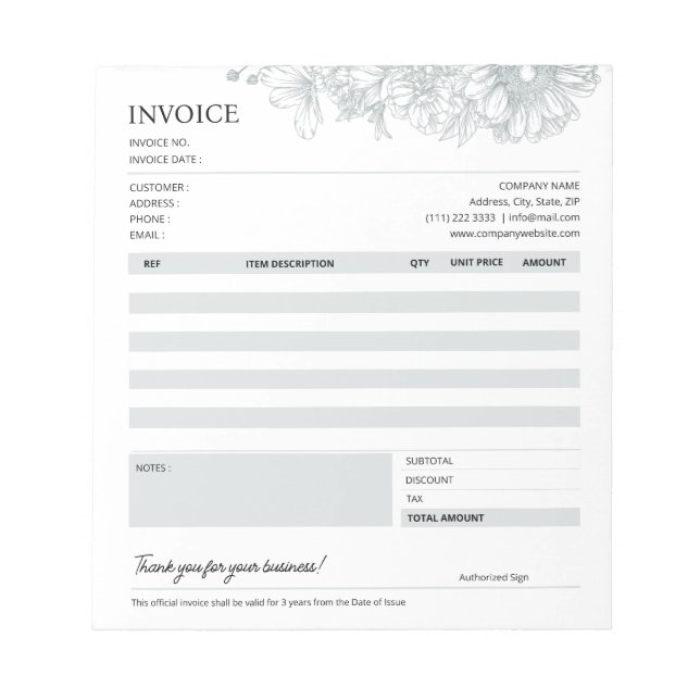 Grey Floral Business Invoice Sales Template Notepad (Front)